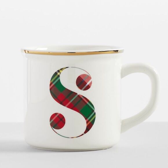 Pottery Barn White Red Stewart Plaid Alphabet Monogram S Stoneware Holiday Mug - Picture 1 of 13